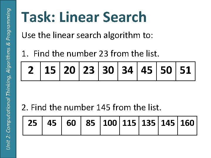 Unit 2: Computational Thinking, Algorithms & Programming Task: Linear Search Use the linear search