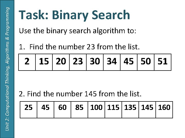 Unit 2: Computational Thinking, Algorithms & Programming Task: Binary Search Use the binary search