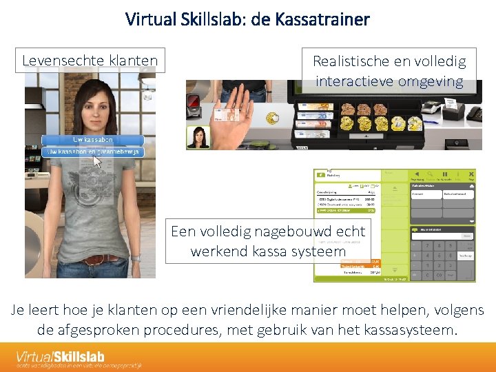 Virtual Skillslab: de Kassatrainer Levensechte klanten Realistische en volledig interactieve omgeving Een volledig nagebouwd