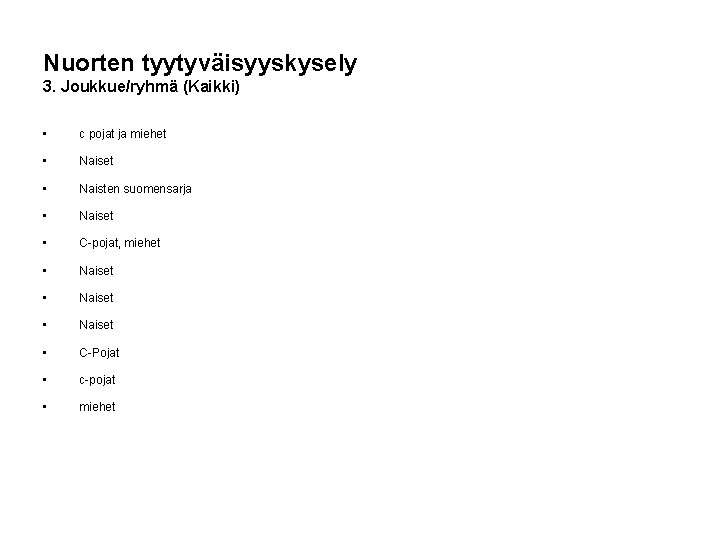 Nuorten tyytyväisyyskysely 3. Joukkue/ryhmä (Kaikki) • c pojat ja miehet • Naisten suomensarja •