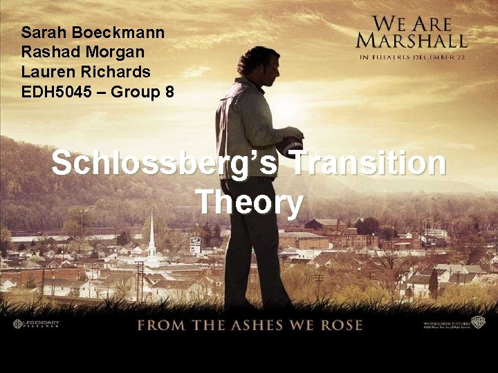 Sarah Boeckmann Rashad Morgan Lauren Richards EDH 5045 – Group 8 Schlossberg’s Transition Theory