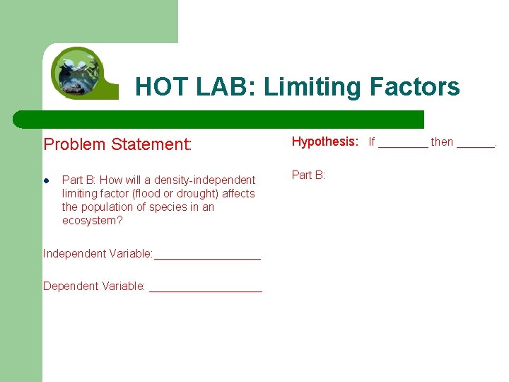 HOT LAB: Limiting Factors Problem Statement: l Part B: How will a density-independent limiting