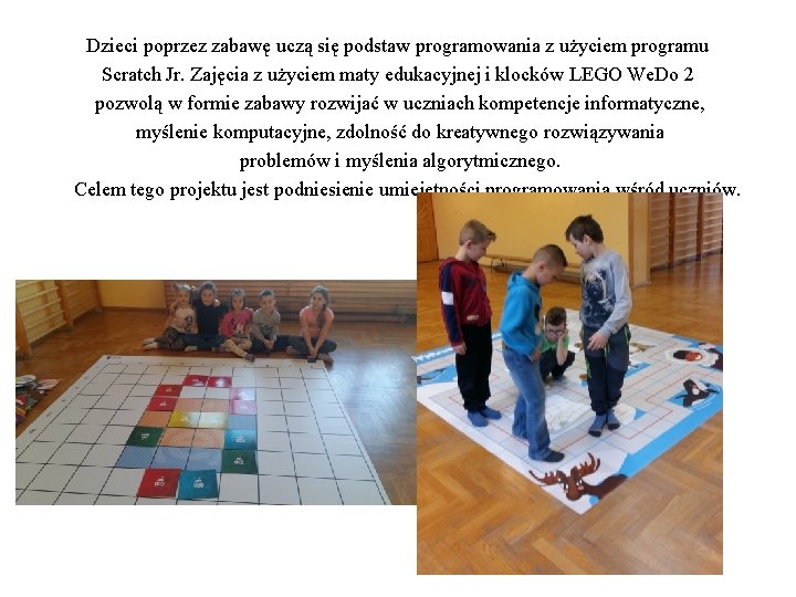 Dzieci poprzez zabawę uczą się podstaw programowania z użyciem programu Scratch Jr. Zajęcia z