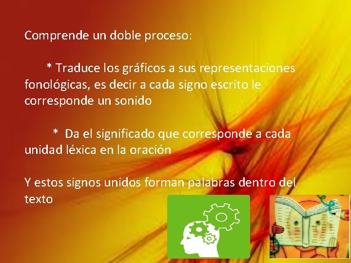 Comprende un doble proceso: * Traduce los gráficos a sus representaciones fonológicas, es decir