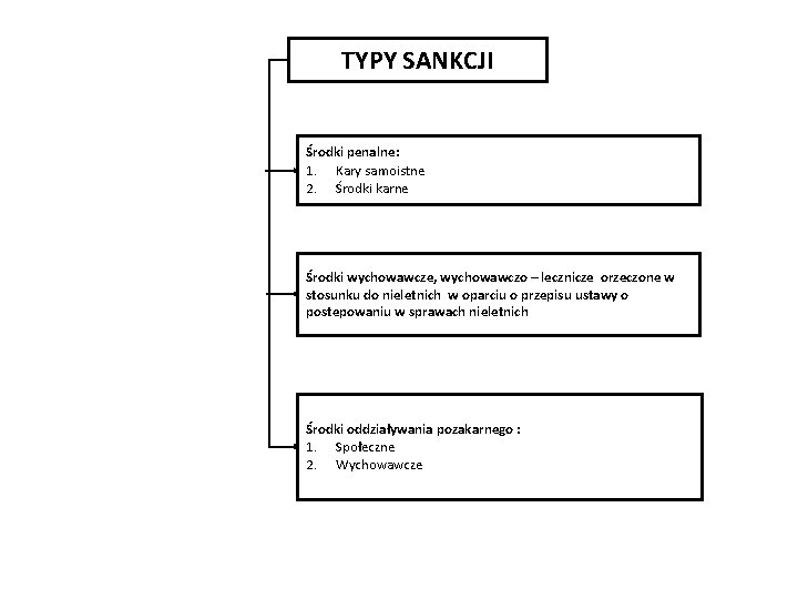 TYPY SANKCJI Środki penalne: 1. Kary samoistne 2. Środki karne Środki wychowawcze, wychowawczo –