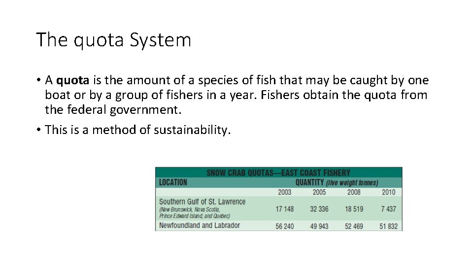 The quota System • A quota is the amount of a species of fish