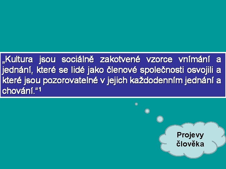 „Kultura jsou sociálně zakotvené vzorce vnímání a jednání, které se lidé jako členové společnosti