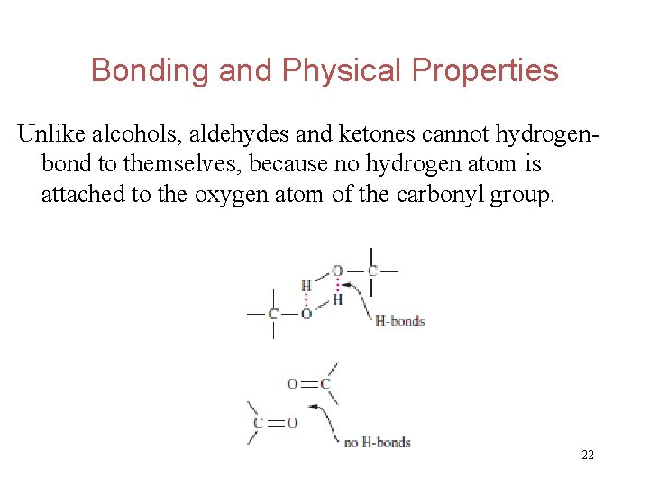 Bonding and Physical Properties Unlike alcohols, aldehydes and ketones cannot hydrogenbond to themselves, because
