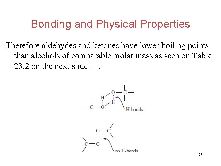 Bonding and Physical Properties Therefore aldehydes and ketones have lower boiling points than alcohols