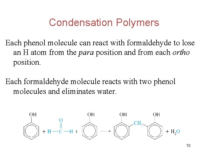 Condensation Polymers Each phenol molecule can react with formaldehyde to lose an H atom