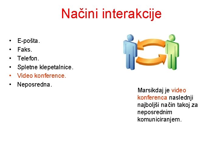 Načini interakcije • • • E-pošta. Faks. Telefon. Spletne klepetalnice. Video konference. Neposredna. Marsikdaj