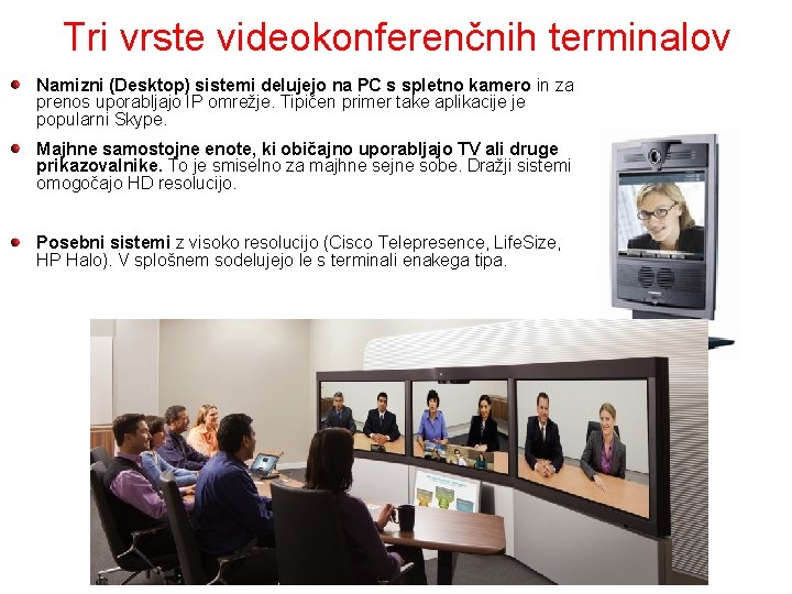 Tri vrste videokonferenčnih terminalov Namizni (Desktop) sistemi delujejo na PC s spletno kamero in