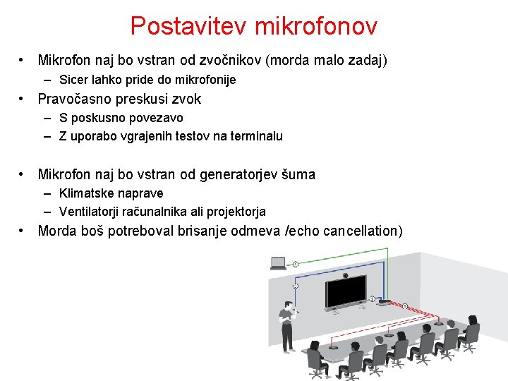 Postavitev mikrofonov • Mikrofon naj bo vstran od zvočnikov (morda malo zadaj) – Sicer