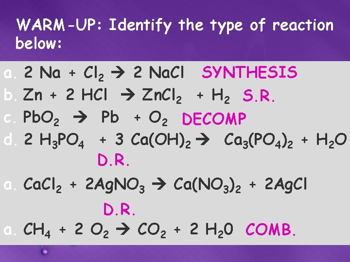 WARM-UP: Identify the type of reaction below: a. 2 Na + Cl 2 2