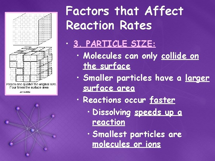 Factors that Affect Reaction Rates • 3. PARTICLE SIZE: • Molecules can only collide