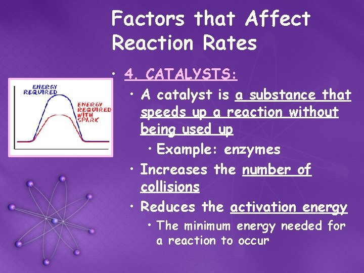 Factors that Affect Reaction Rates • 4. CATALYSTS: • A catalyst is a substance