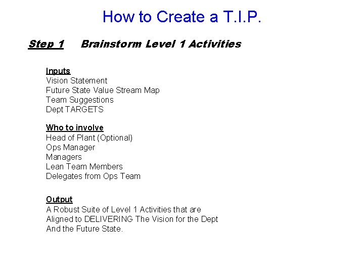 How to Create a T. I. P. Step 1 Brainstorm Level 1 Activities Inputs