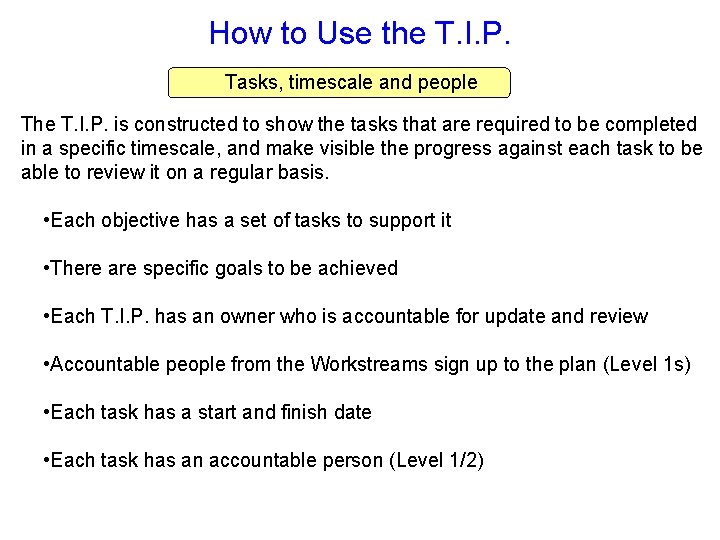 How to Use the T. I. P. Tasks, timescale and people The T. I.