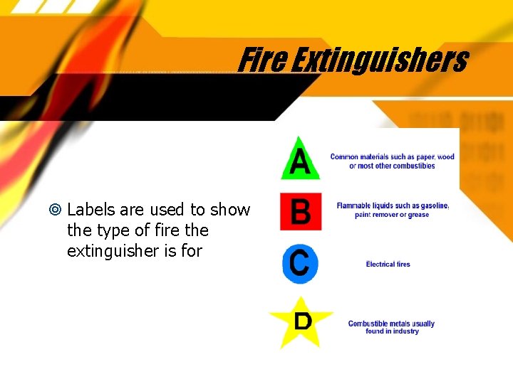 Fire Extinguishers Labels are used to show the type of fire the extinguisher is