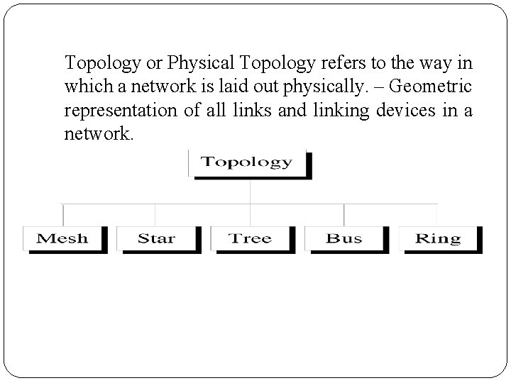 Topology or Physical Topology refers to the way in which a network is laid