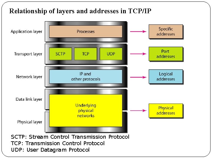 Relationship of layers and addresses in TCP/IP SCTP: Stream Control Transmission Protocol TCP: Transmission