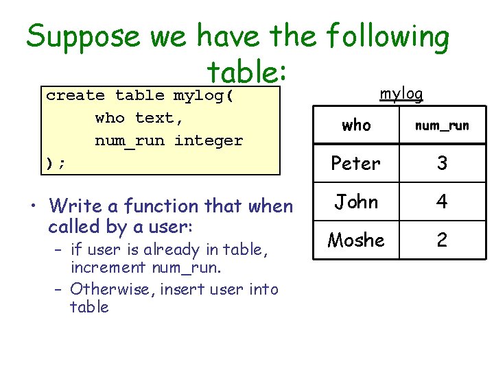 Suppose we have the following table: create table mylog( who text, num_run integer );