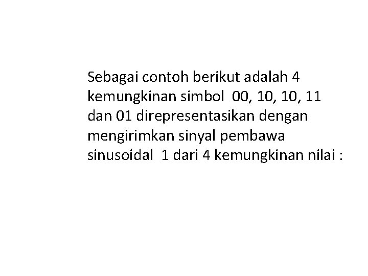 Sebagai contoh berikut adalah 4 kemungkinan simbol 00, 10, 11 dan 01 direpresentasikan dengan