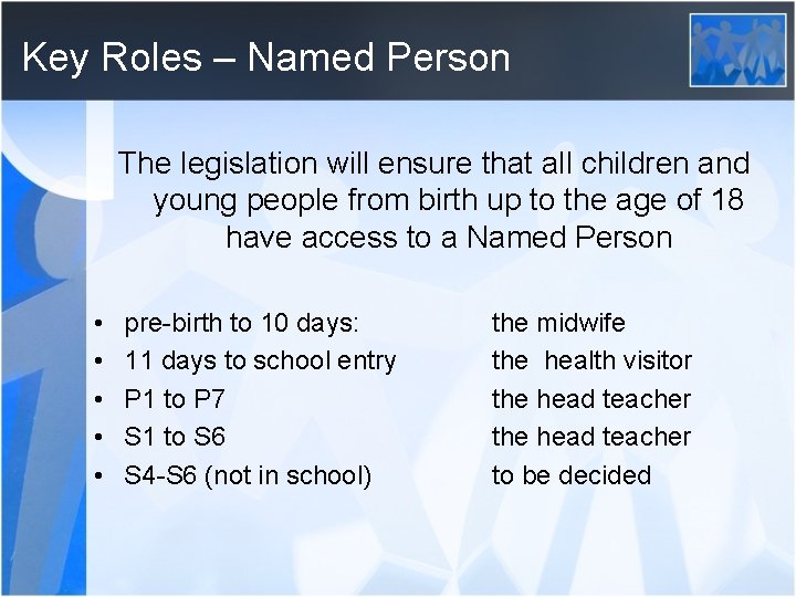 Key Roles – Named Person The legislation will ensure that all children and young