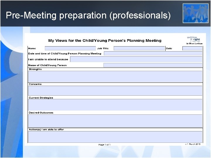 Pre-Meeting preparation (professionals) 