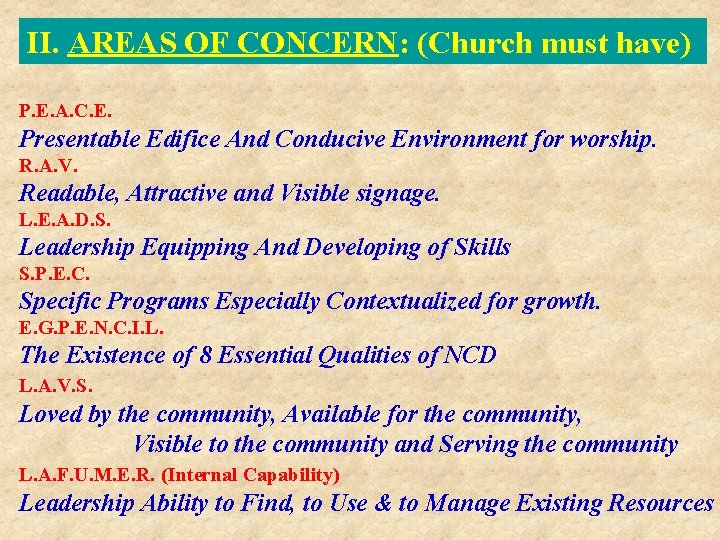 II. AREAS OF CONCERN: (Church must have) P. E. A. C. E. Presentable Edifice