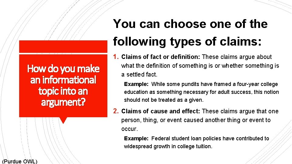 You can choose one of the following types of claims: 1. Claims of fact