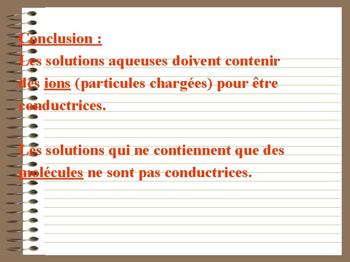 Conclusion : Les solutions aqueuses doivent contenir des ions (particules chargées) pour être conductrices.