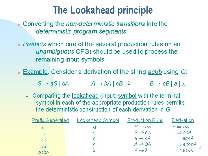 The Lookahead principle n n n Converting the non-deterministic transitions into the deterministic program