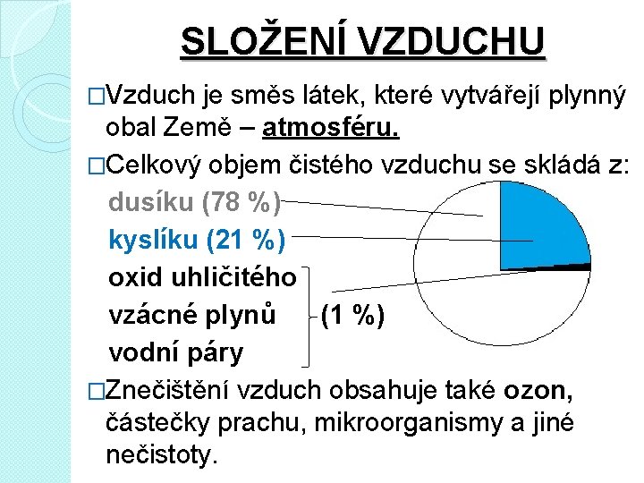 SLOŽENÍ VZDUCHU �Vzduch je směs látek, které vytvářejí plynný obal Země – atmosféru. �Celkový