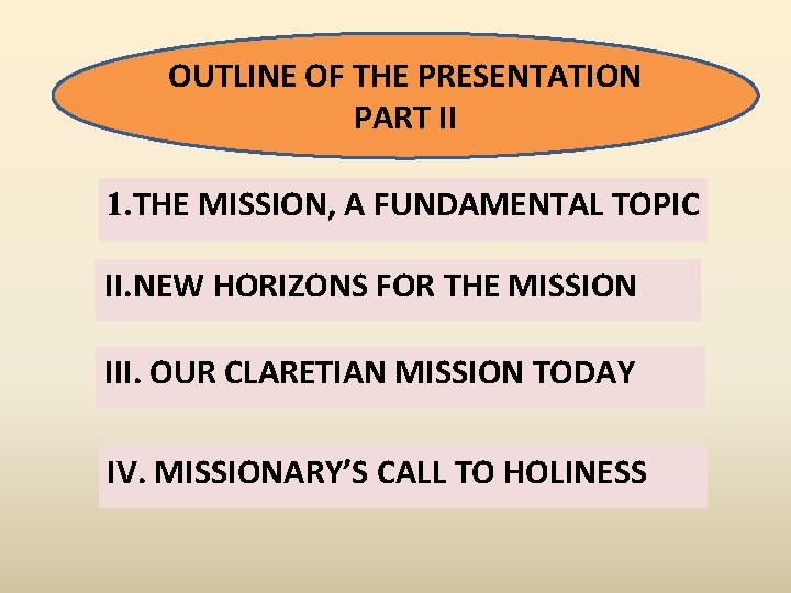 OUTLINE OF THE PRESENTATION PART II 1. THE MISSION, A FUNDAMENTAL TOPIC II. NEW