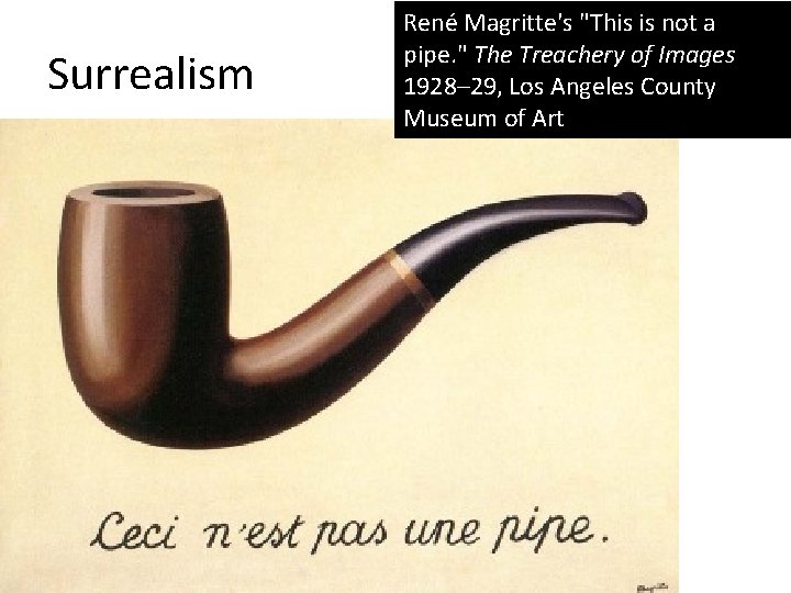 Surrealism René Magritte's "This is not a pipe. " The Treachery of Images 1928– Surrealism René Magritte's "This is not a pipe. " The Treachery of Images 1928–