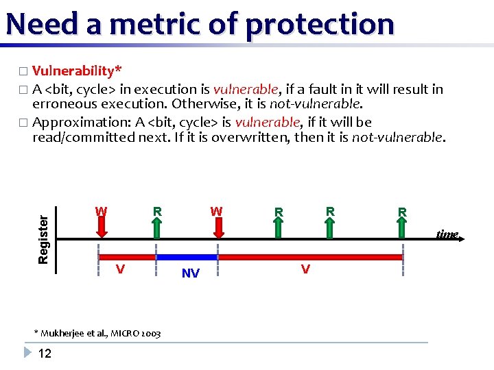 Need a metric of protection � Vulnerability* � A <bit, cycle> in execution is