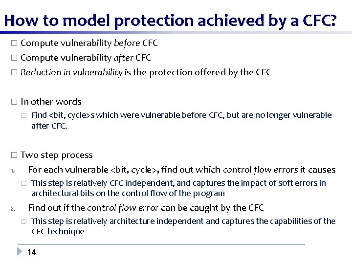 How to model protection achieved by a CFC? � Compute vulnerability before CFC Compute