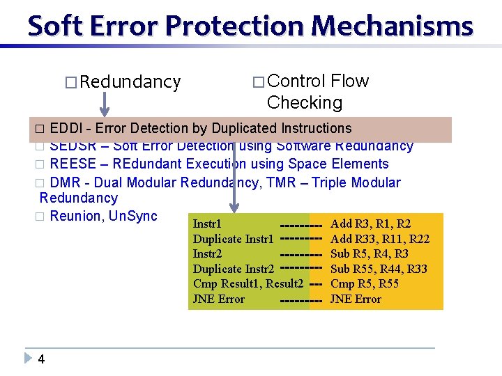 Soft Error Protection Mechanisms �Redundancy � Control Flow Checking EDDI - Error Detection by