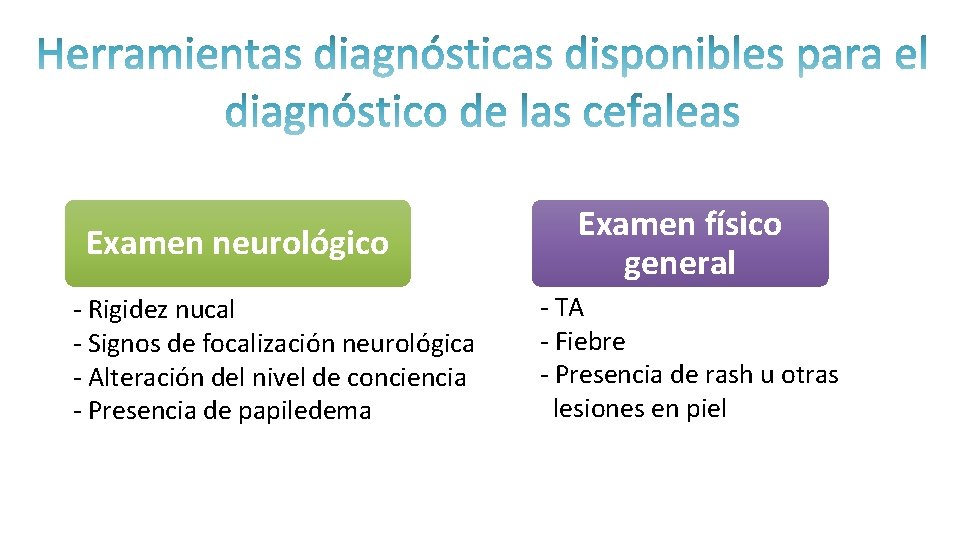 Examen neurológico - Rigidez nucal - Signos de focalización neurológica - Alteración del nivel