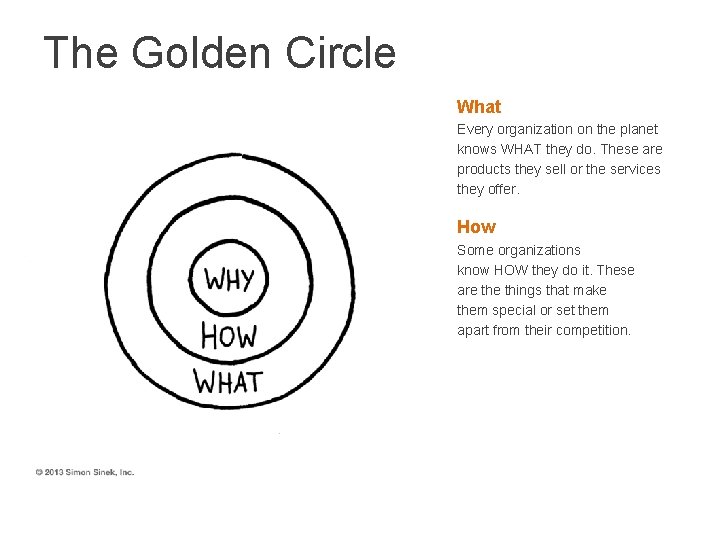 The Golden Circle What Every organization on the planet knows WHAT they do. These