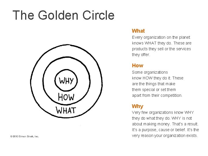 The Golden Circle What Every organization on the planet knows WHAT they do. These