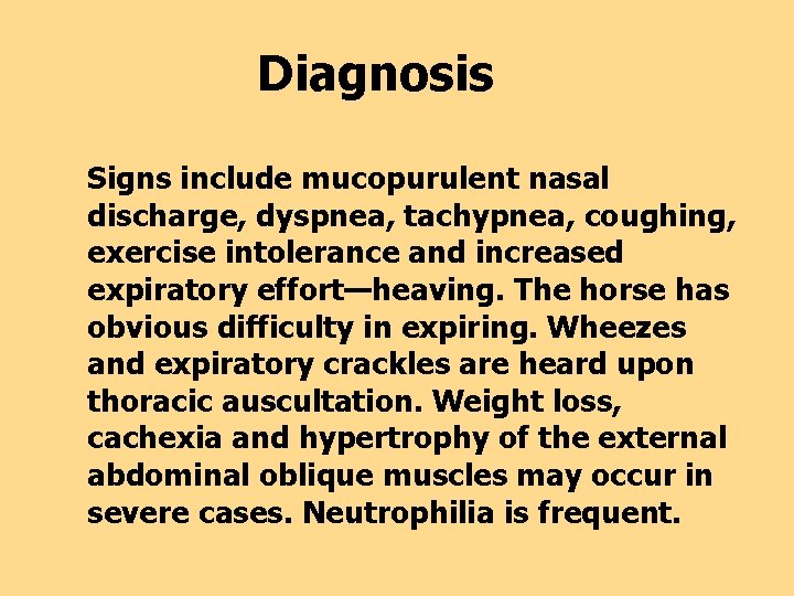Diagnosis Signs include mucopurulent nasal discharge, dyspnea, tachypnea, coughing, exercise intolerance and increased expiratory