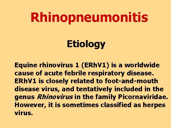 Rhinopneumonitis Etiology Equine rhinovirus 1 (ERh. V 1) is a worldwide cause of acute