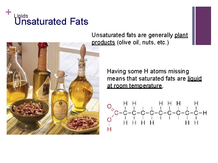 + Lipids Unsaturated Fats Unsaturated fats are generally plant products (olive oil, nuts, etc.