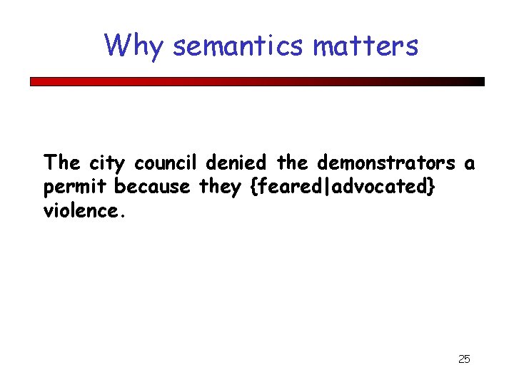 Why semantics matters The city council denied the demonstrators a permit because they {feared|advocated}