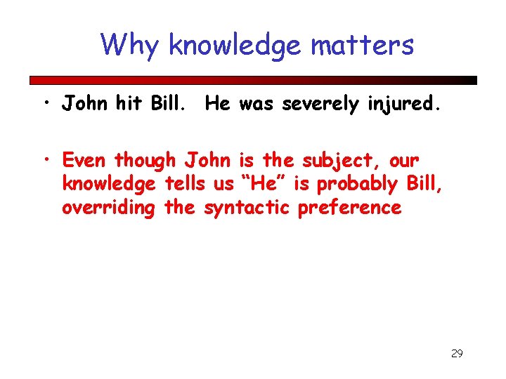 Why knowledge matters • John hit Bill. He was severely injured. • Even though