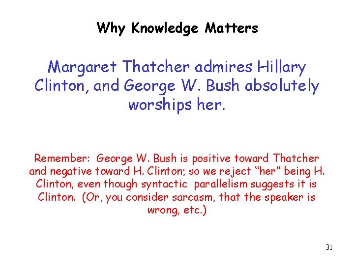 Why Knowledge Matters Margaret Thatcher admires Hillary Clinton, and George W. Bush absolutely worships