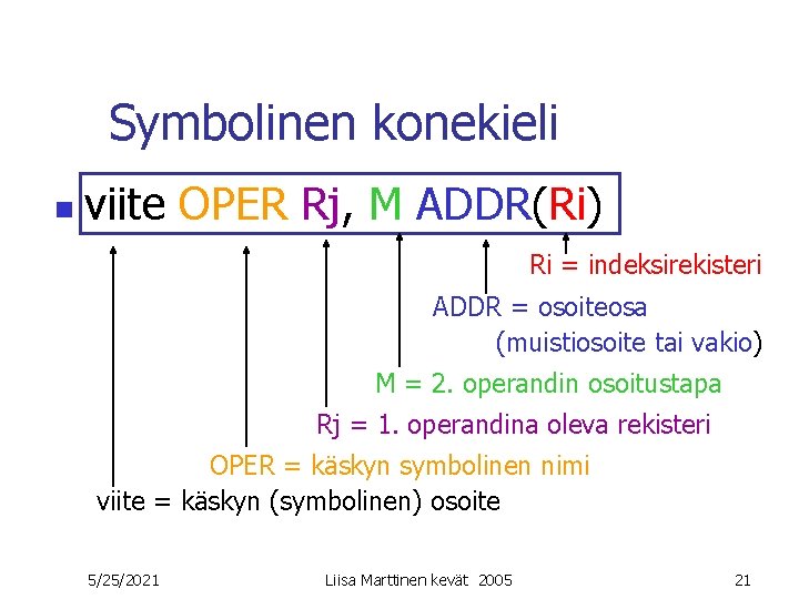 Symbolinen konekieli n viite OPER Rj, M ADDR(Ri) Ri = indeksirekisteri ADDR = osoiteosa Symbolinen konekieli n viite OPER Rj, M ADDR(Ri) Ri = indeksirekisteri ADDR = osoiteosa