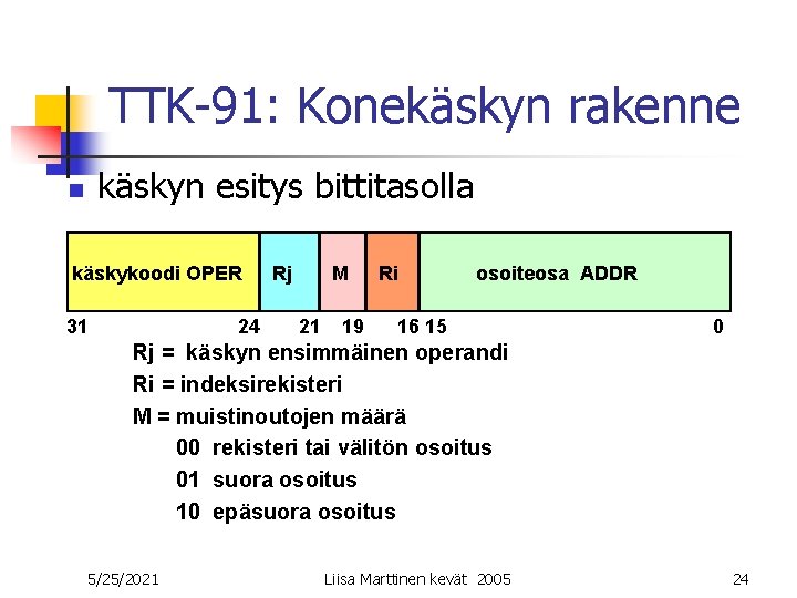 TTK-91: Konekäskyn rakenne käskyn esitys bittitasolla n käskykoodi OPER 31 24 Rj M 21 TTK-91: Konekäskyn rakenne käskyn esitys bittitasolla n käskykoodi OPER 31 24 Rj M 21